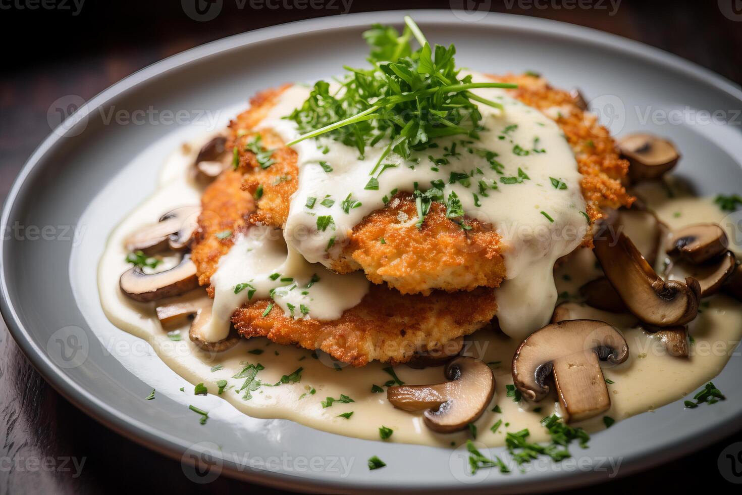 ai generiert saftig Schweinefleisch Schnitzel Pilz. generieren ai foto