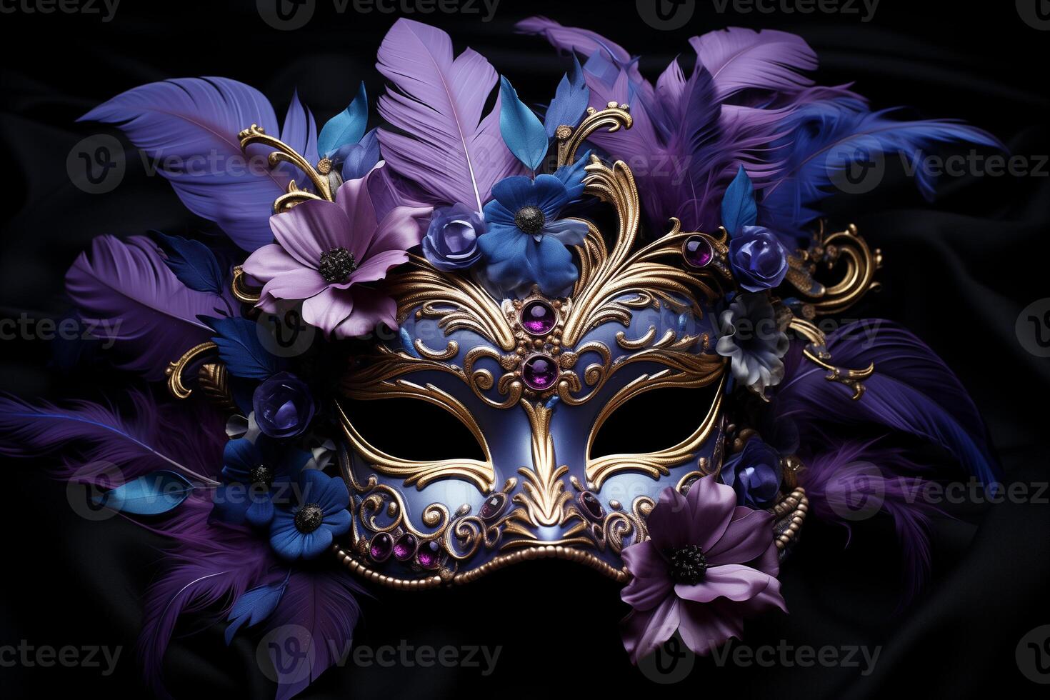 ai generiert ein lila Karneval gras venezianisch Maske mit Gefieder und Blumen auf ein schwarz Hintergrund foto