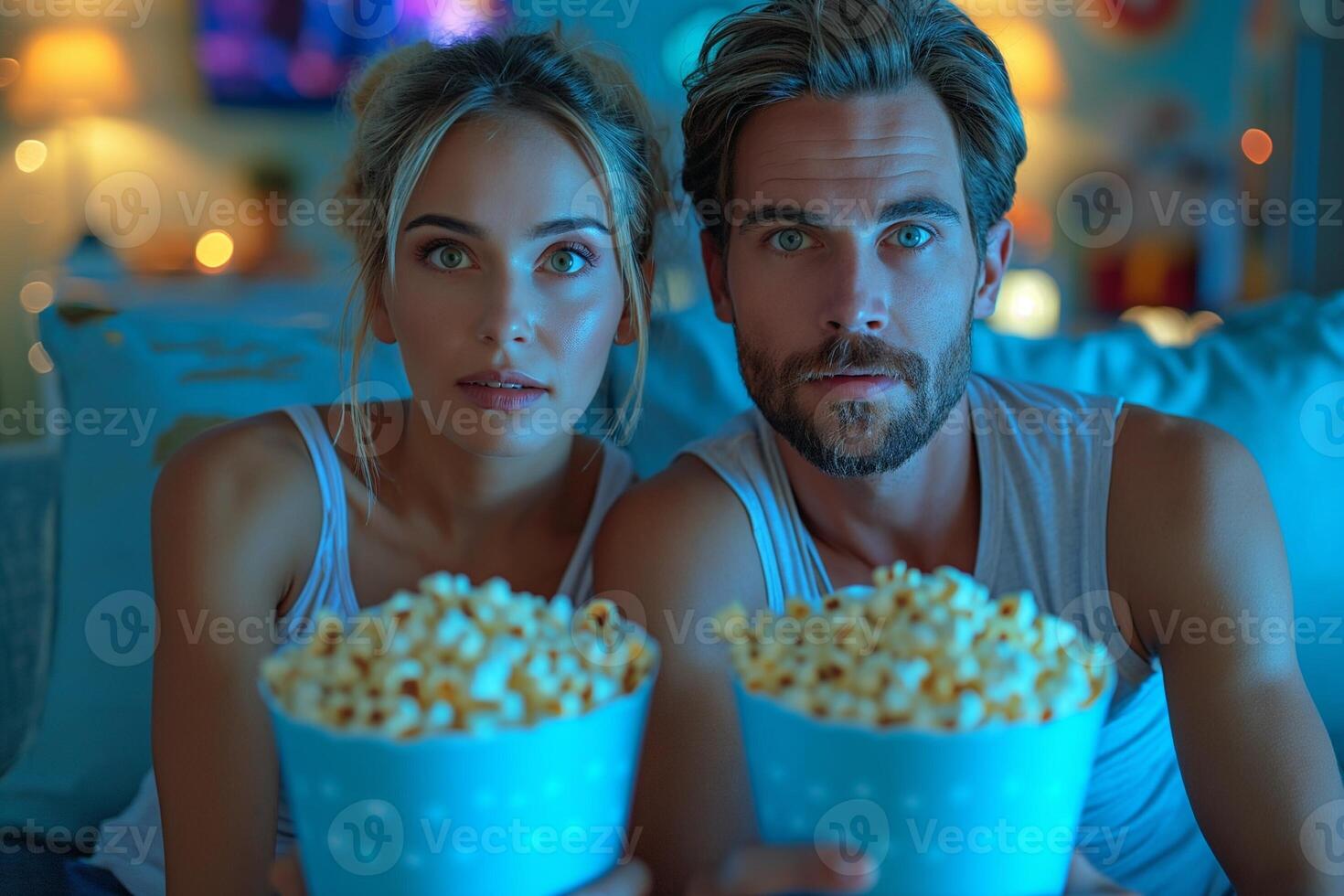 ai generiert Mann und Frau Aufpassen Fernseher, Sitzung auf Sofa im Blau Leben Zimmer, Essen Popcorn foto