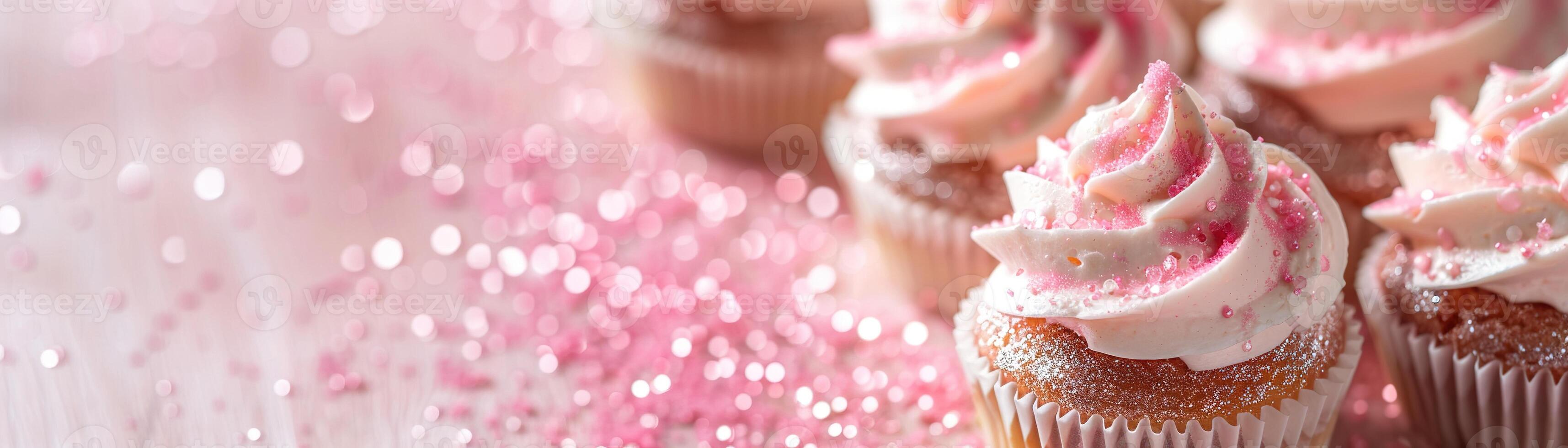 ai generiert Rosa Hintergrund mit elegant glänzend Cupcakes, Kopieren Raum. Damen Tag. es ist ein Mädchen Hintergrund mit leeren Raum. Baby Dusche oder Geburtstag Einladung, Party. Baby Mädchen Geburt Bekanntmachung. foto