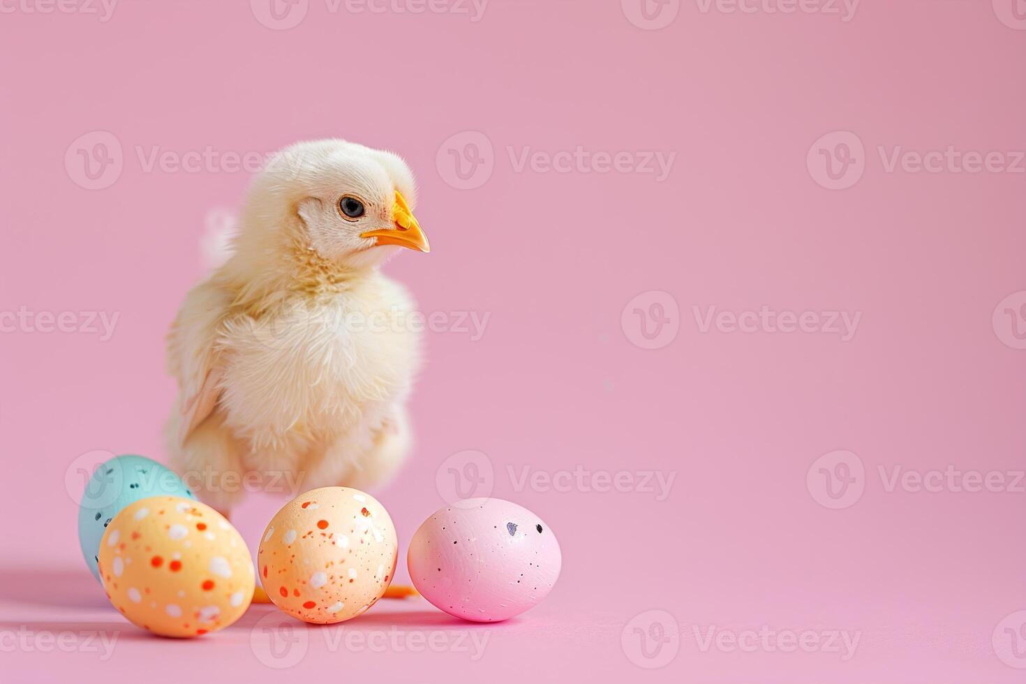 ai generiert neugierig Küken unter bunt gesprenkelt Ostern Eier auf Rosa Hintergrund, perfekt zum Ostern Urlaub Werbeaktionen, Frühlingsthema visuelle Darstellungen, oder Gruß Karten. Kopieren Raum. Ostern Verkauf, Rabatt. foto