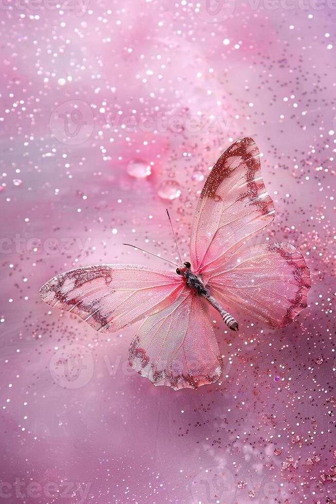 ai generiert Rosa Hintergrund mit glänzend Schmetterling, Kopieren Raum. Damen Tag. es ist ein Mädchen Hintergrund mit leeren Raum. Baby Dusche oder Geburtstag Einladung, Party. Baby Mädchen Geburt Bekanntmachung. foto