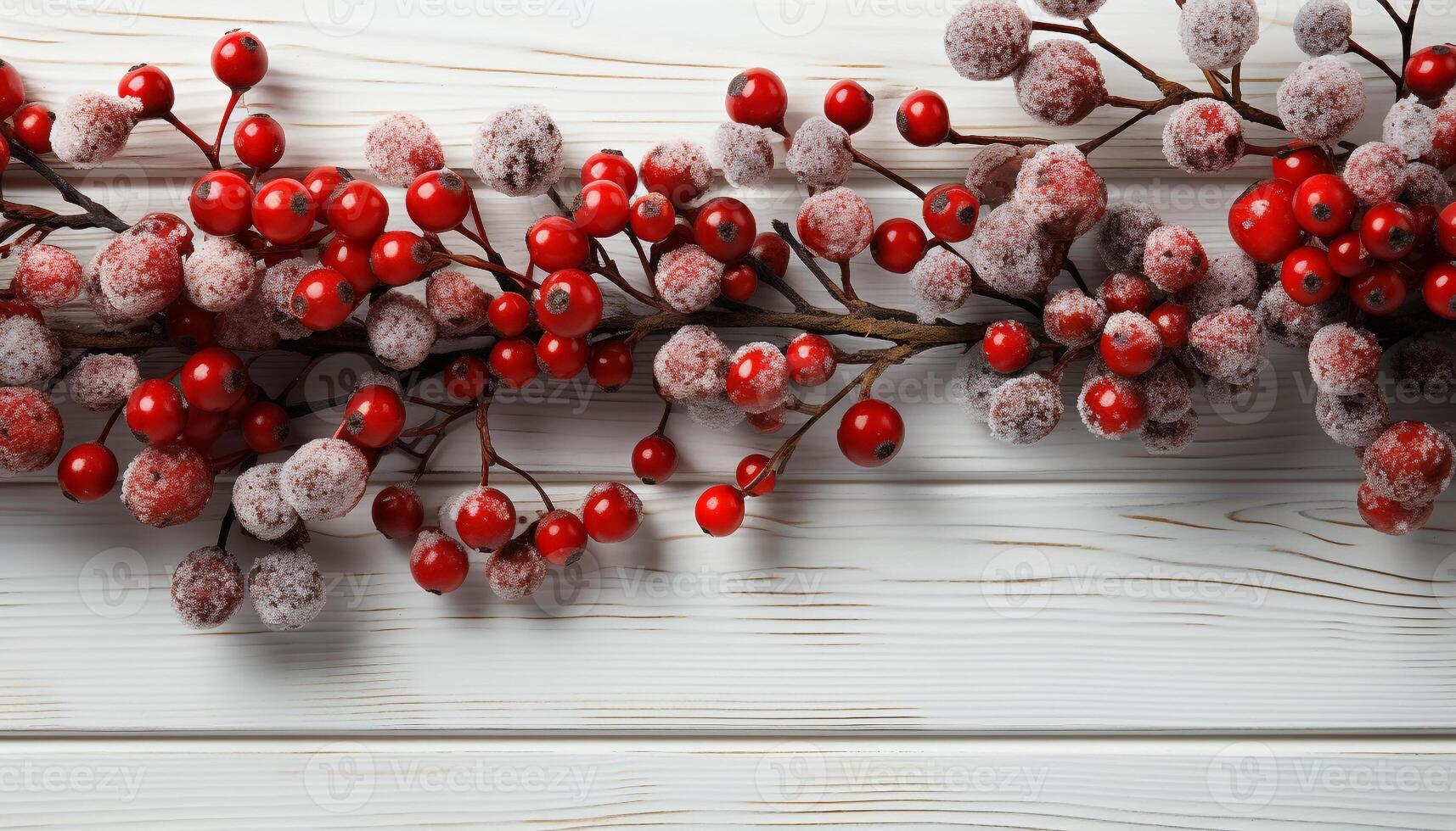 ai generiert rustikal Winter Tabelle organisch Beere Nachtisch, frisch Stechpalme Dekoration generiert durch ai foto