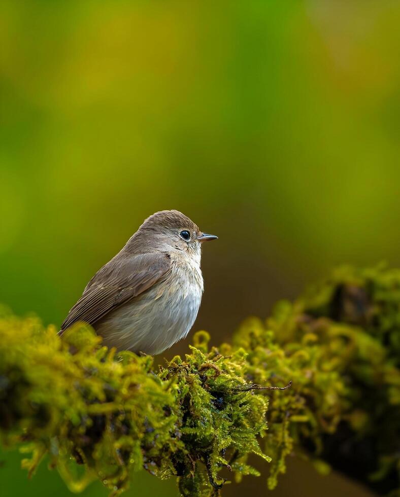 ein klein Vogel ist thront auf ein moosig Ast foto