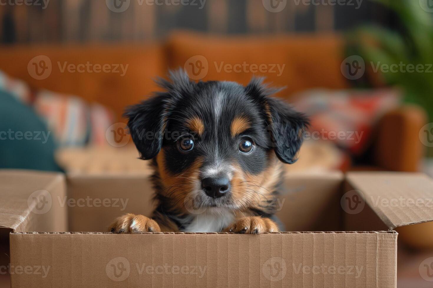 ai generiert ein öffnen Box mit ein süß Hündchen spähen aus. klassisch Leben Zimmer Innere im das Hintergrund foto