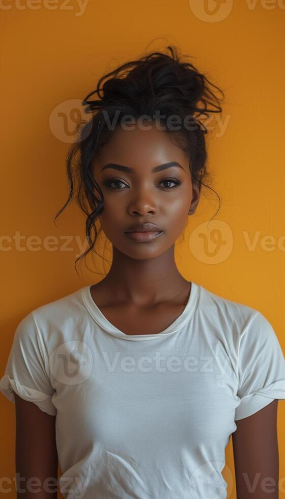 ai generiert Porträt von afrikanisch amerikanisch Frau im leer Weiß T-Shirt, Orange Hintergrund foto