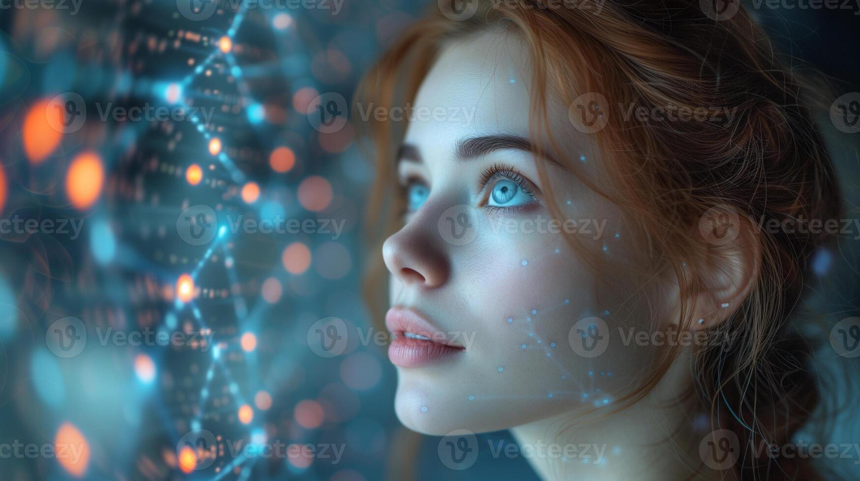 ai generiert Zukunft Interaktion Frau mit neural Schnittstelle Gerät erforscht Singularität foto