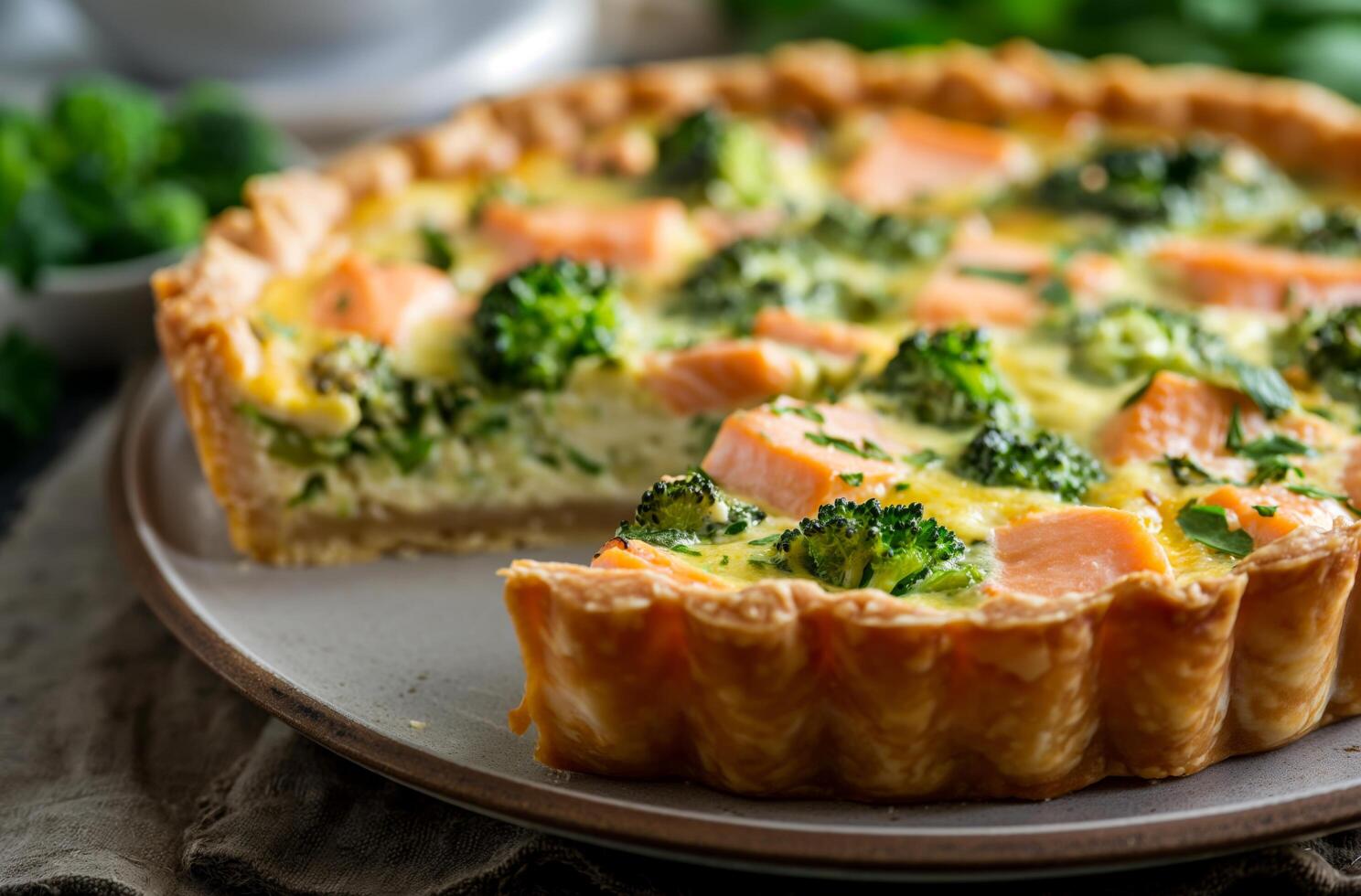 ai generiert Brokkoli Lachs Quiche foto