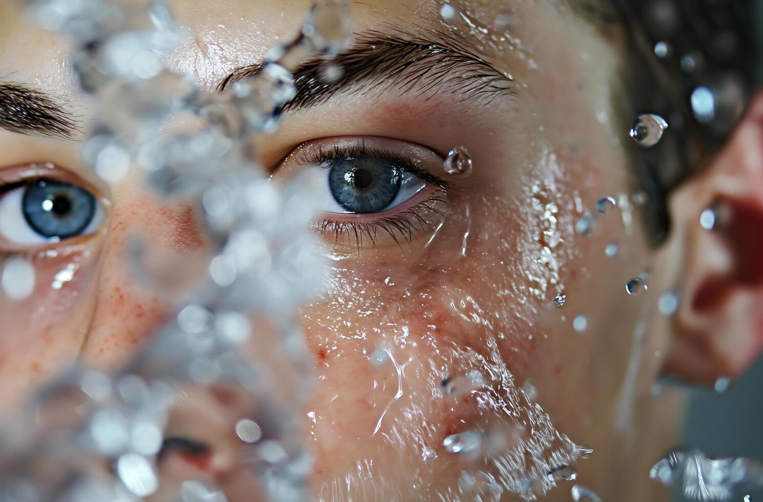 ai generiert schließen oben von Auge mit Wasser Tröpfchen foto