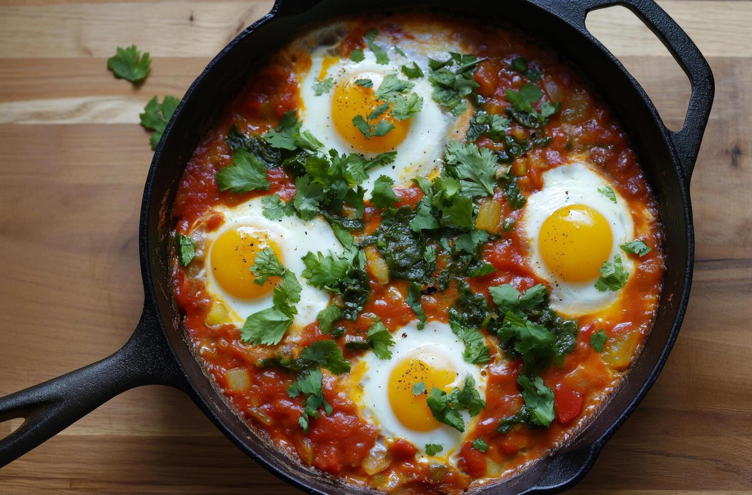 ai generiert Shakshuka auf hölzern Tabelle foto