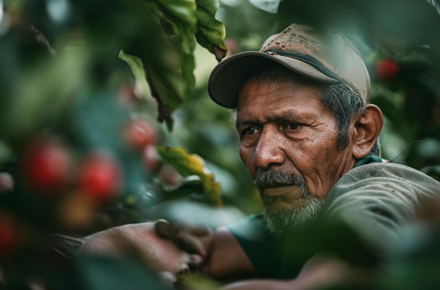 ai generiert Kaffee Farmer inspizieren Pflanzen foto