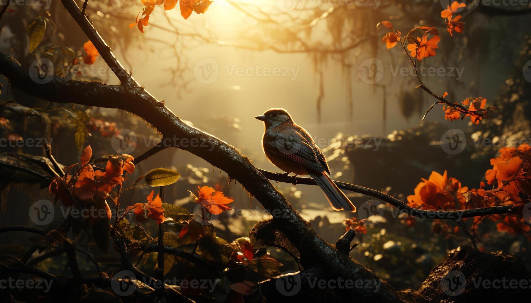 ai generiert einer Vogel sich niederlassen auf ein Zweig, umgeben durch beschwingt Herbst generiert durch ai foto