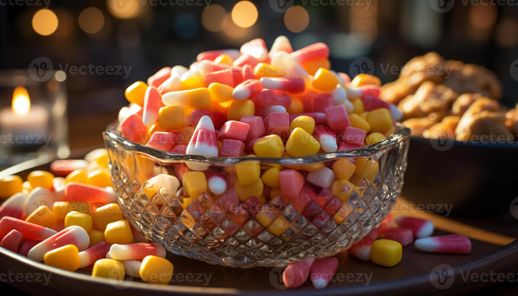 ai generiert Süßigkeiten Schüssel, Halloween Nachtisch, Süßigkeiten Mais Snack, Tabelle Dekoration Variation generiert durch ai foto