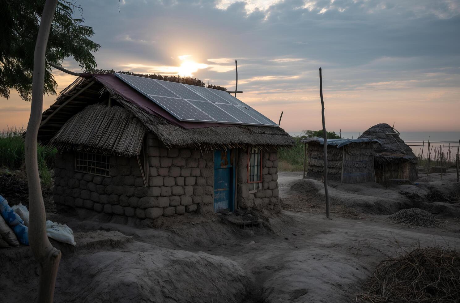 ai generiert traditionell Haus mit Solar- Panel foto