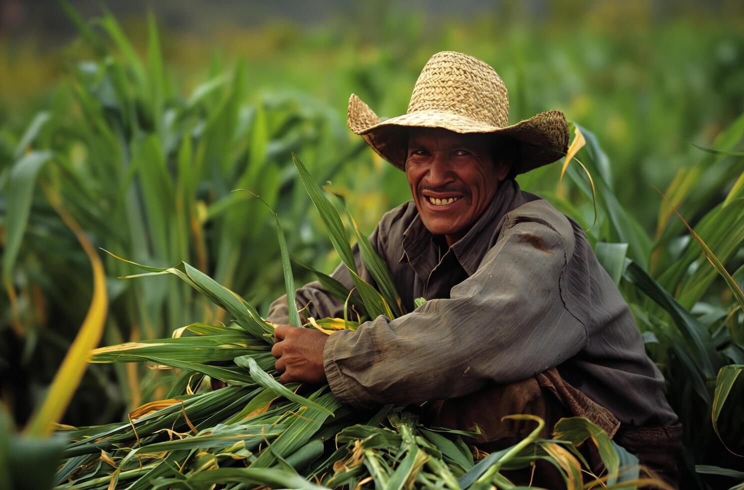 ai generiert peruanisch Farmer im Kornfeld foto