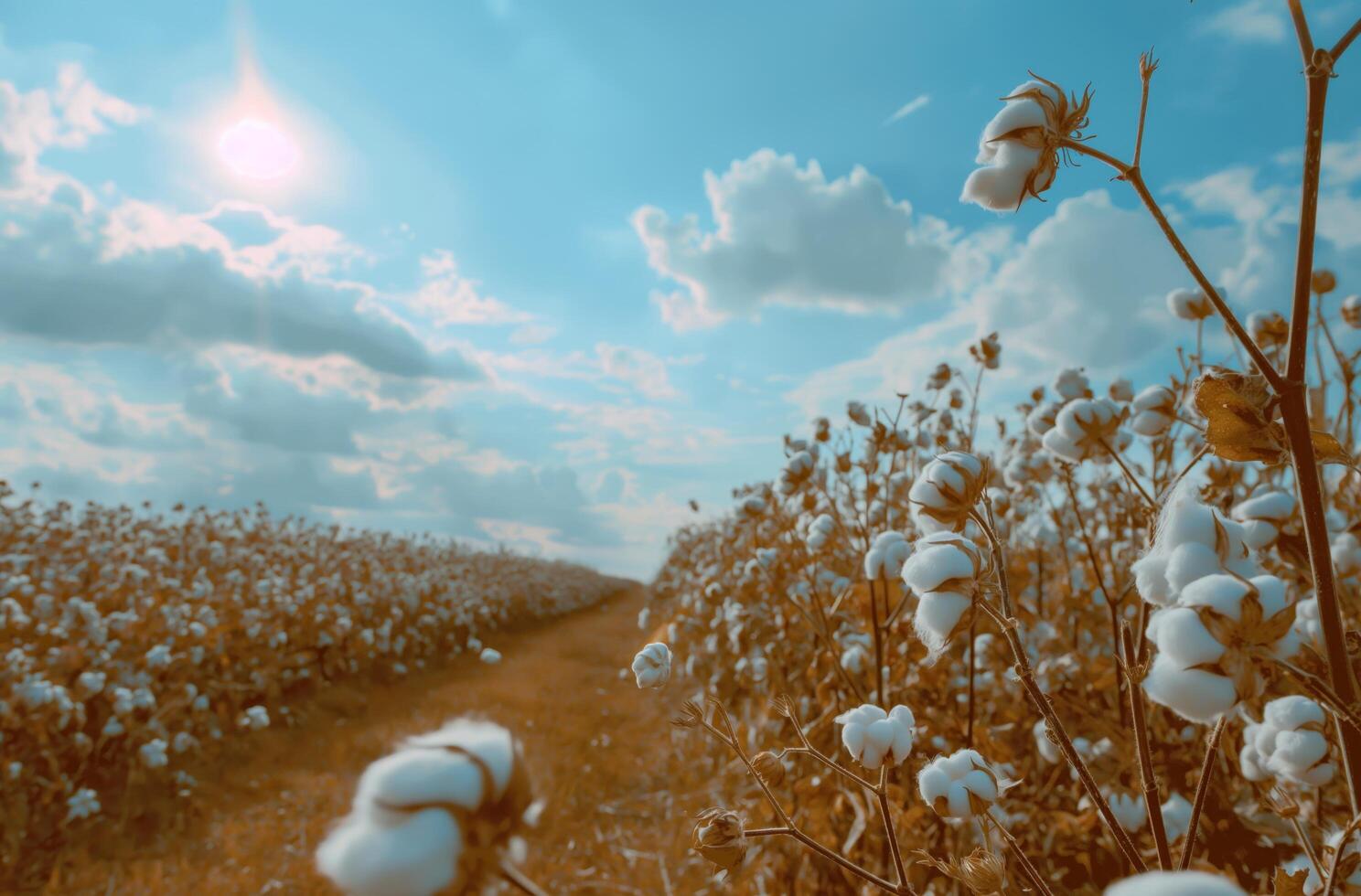 ai generiert Baumwolle Feld unter sonnig Himmel foto