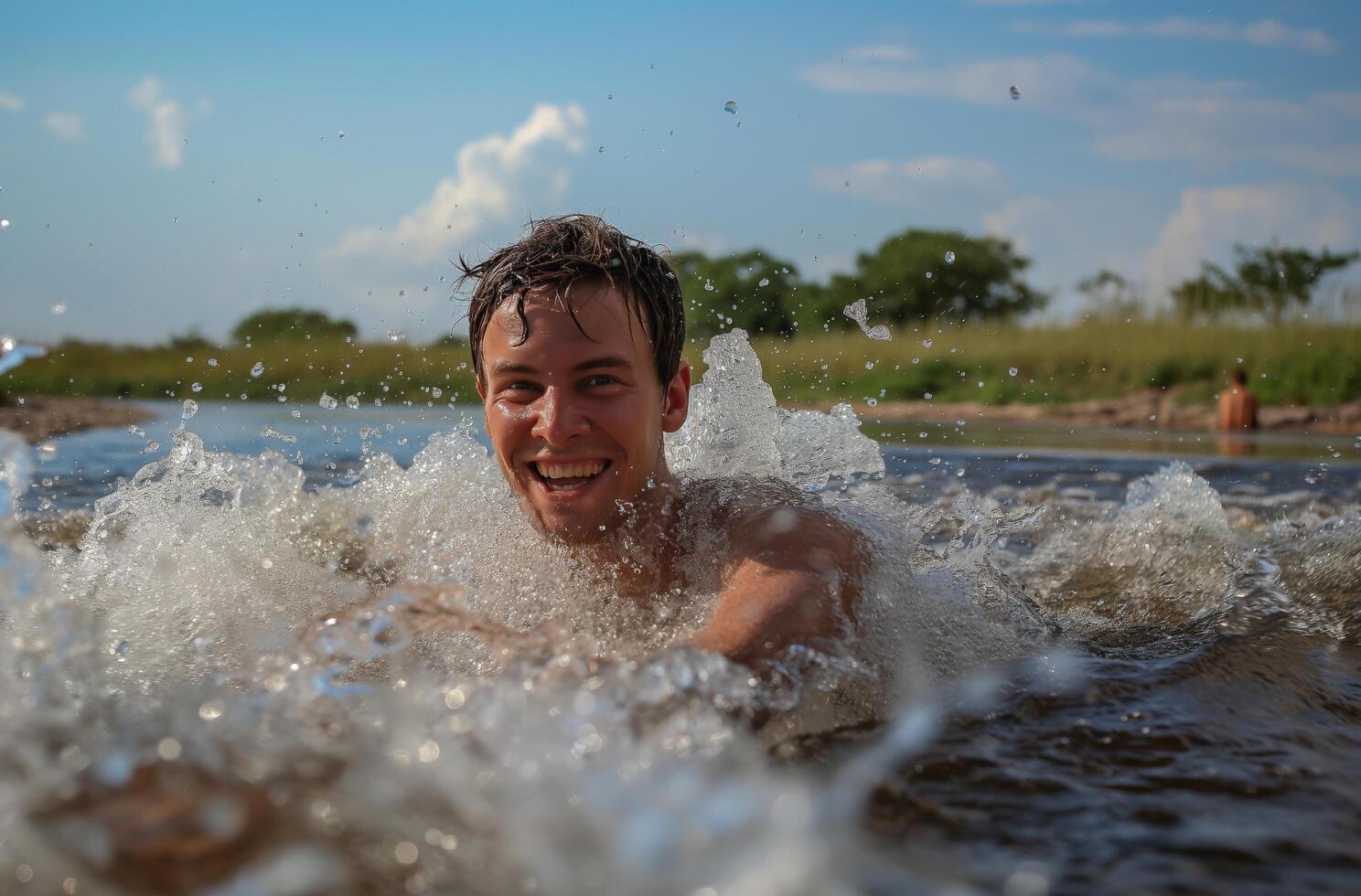 ai generiert jung Mann genießen Wasser spritzt foto