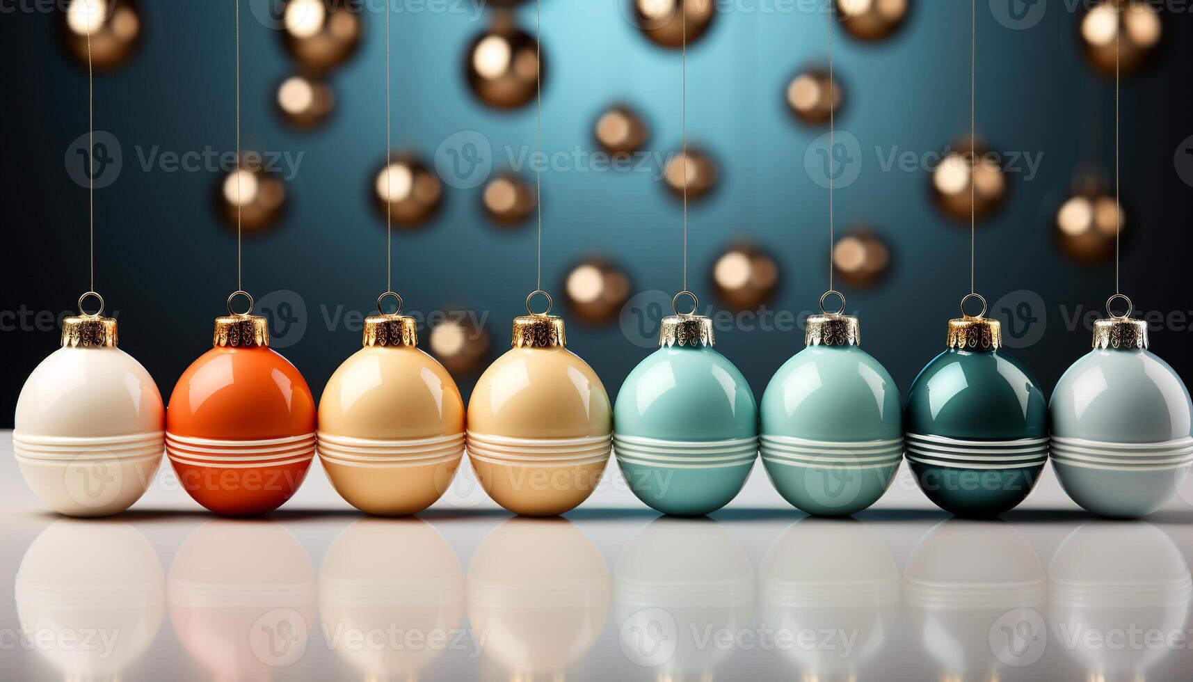 ai generiert Weihnachten Ornament Dekoration im ein Reihe, beschwingt Farben, Schnee Hintergrund generiert durch ai foto