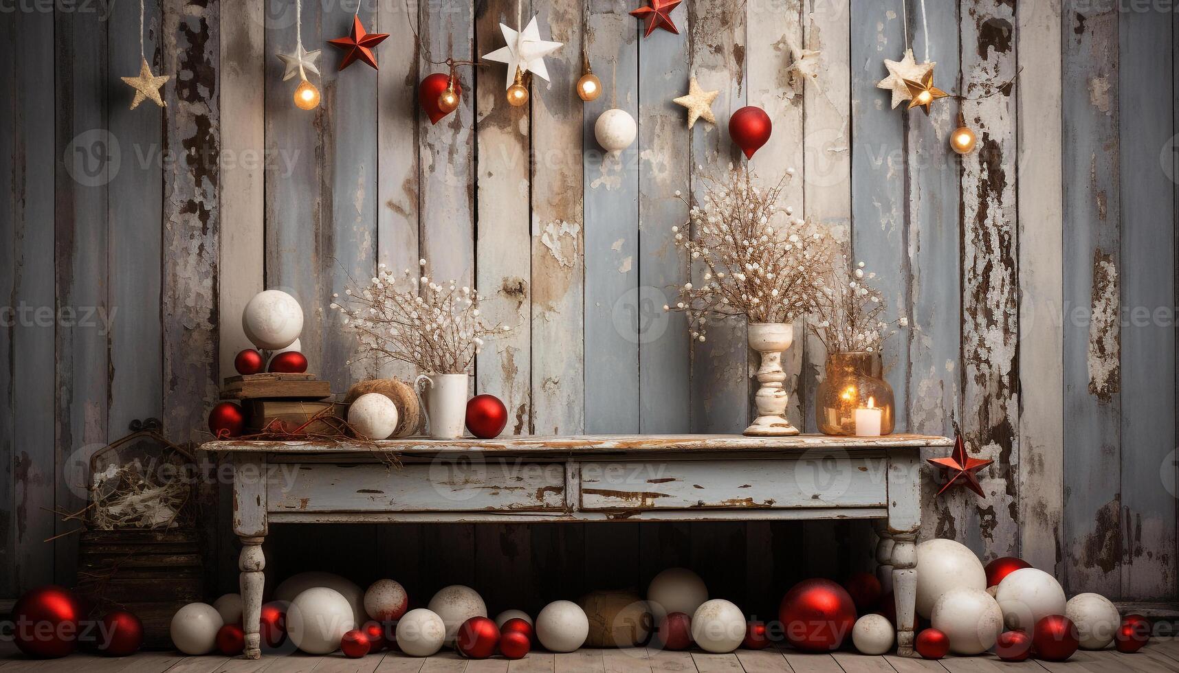 ai generiert rustikal Holz Tabelle geschmückt mit hell Weihnachten Dekorationen und Geschenke generiert durch ai foto