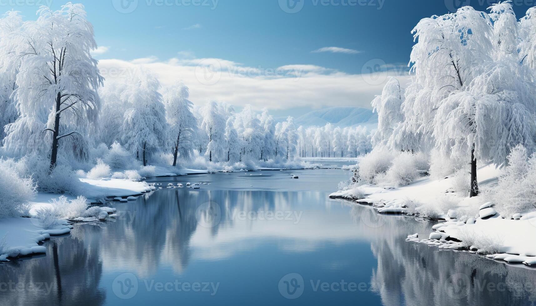 ai generiert Winter still Szene Schnee bedeckt Wald, gefroren See, und majestätisch Berge generiert durch ai foto