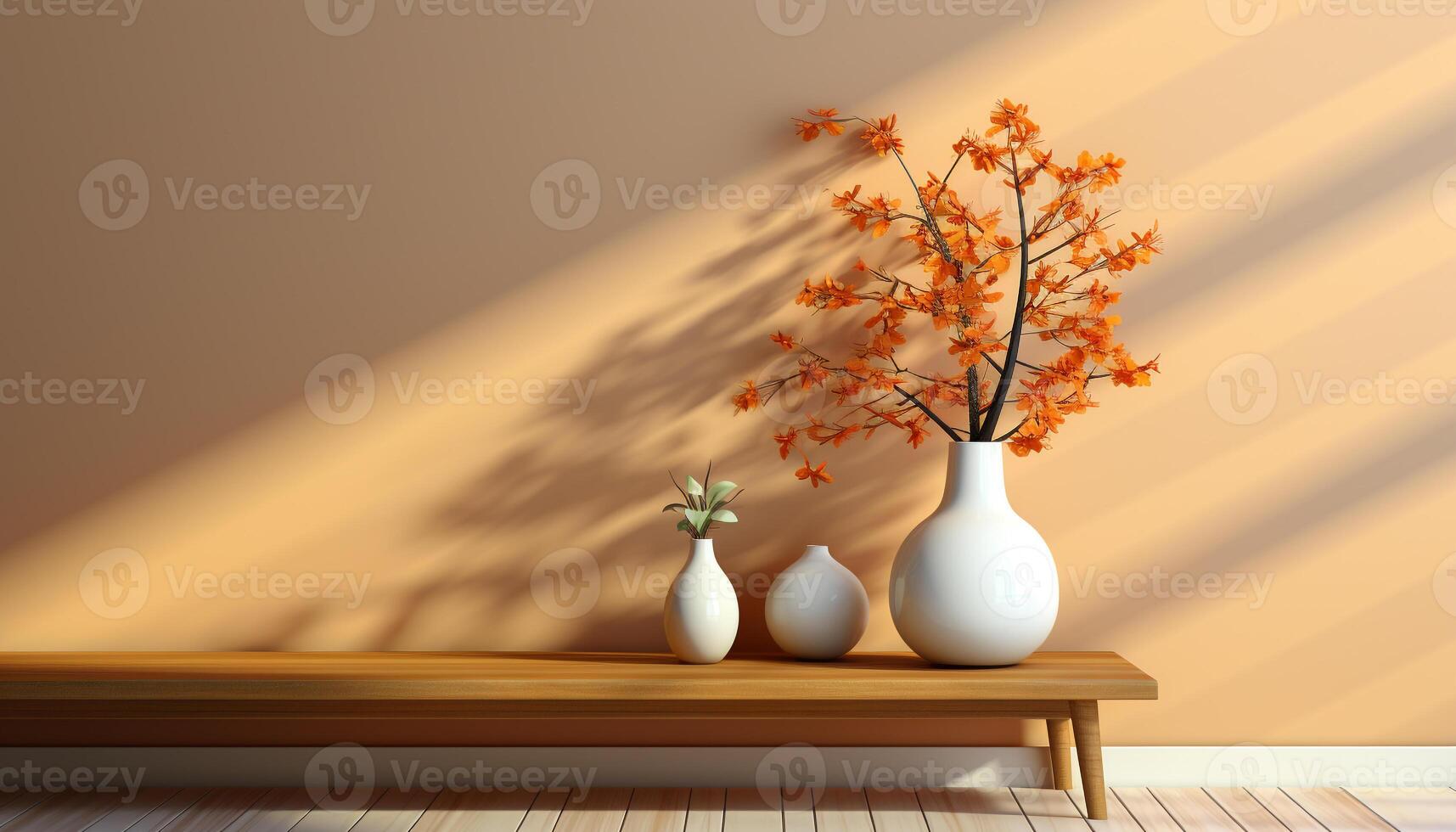 ai generiert modern Wohnung mit rustikal Holz Bodenbelag, elegant Vase Dekoration generiert durch ai foto