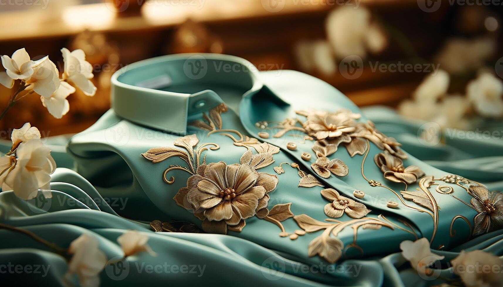 ai generiert Seide Kleid, elegant Kleidungsstück, schließen oben Muster, Holz Tisch, modern Dekoration generiert durch ai foto
