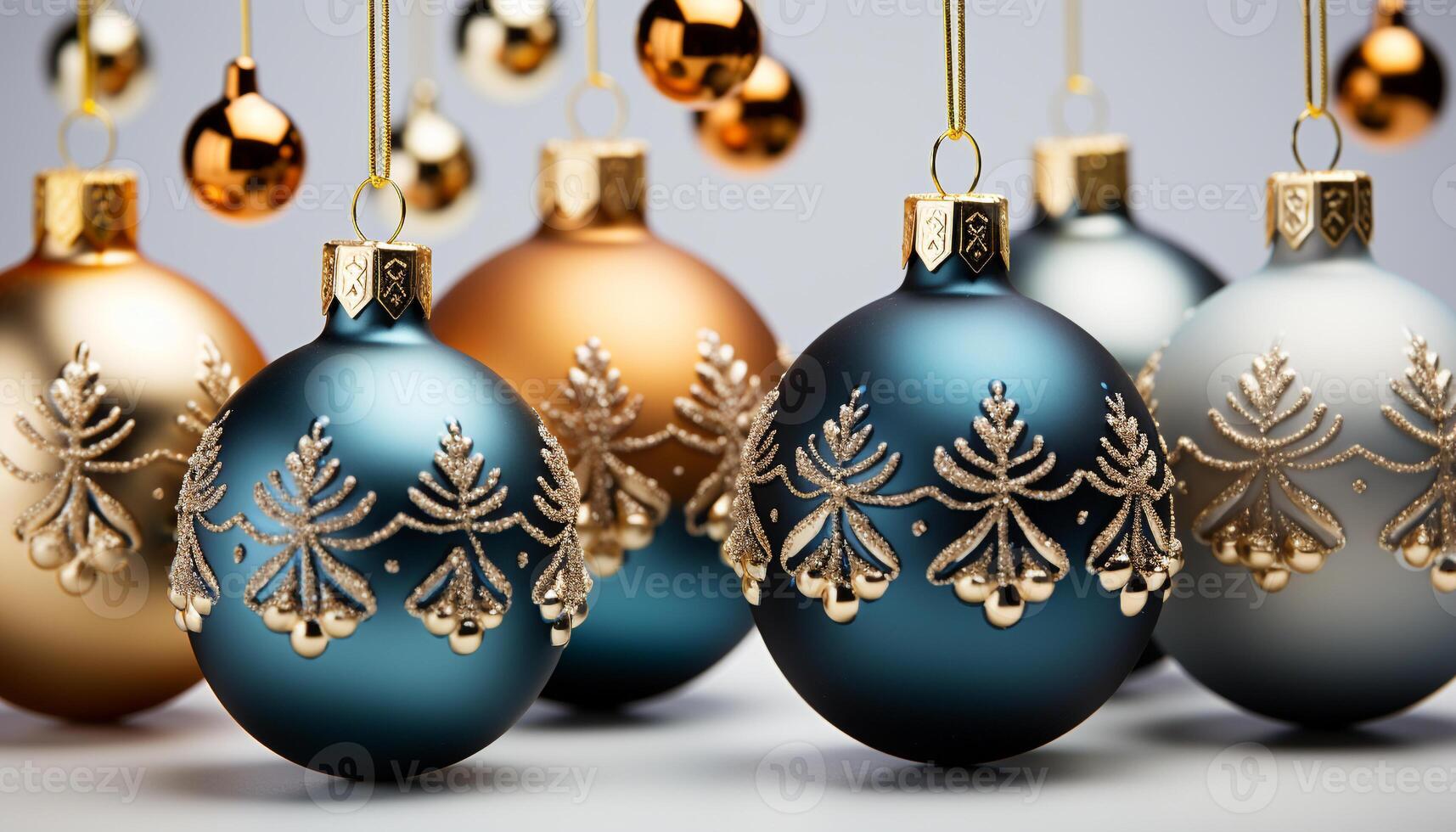 ai generiert Winter Feier Gold Ornament, Schneeflocke Muster, glänzend Blau Kugel generiert durch ai foto