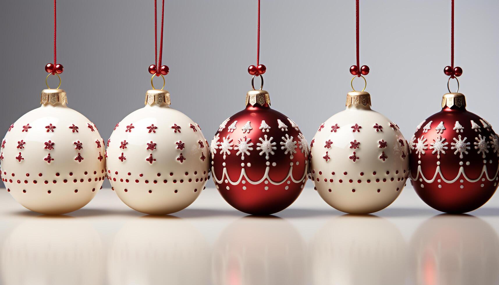 ai generiert Weihnachten Ornamente hängend im ein Reihe, Aufhellung das Winter Jahreszeit generiert durch ai foto