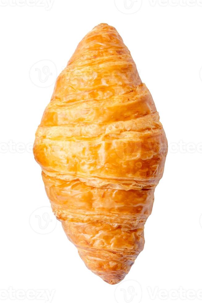 oben Aussicht von Single golden Croissant isoliert auf Weiß Hintergrund mit Ausschnitt Pfad foto