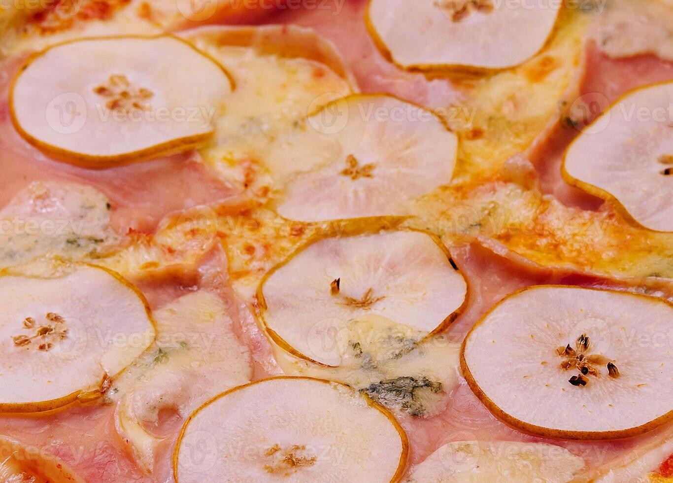 Pizza mit Birne und Gorgonzola oben Aussicht foto