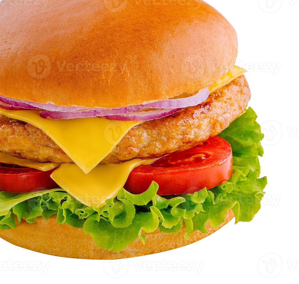 groß Hamburger mit Hähnchen Schnitzel auf Weiß Hintergrund foto