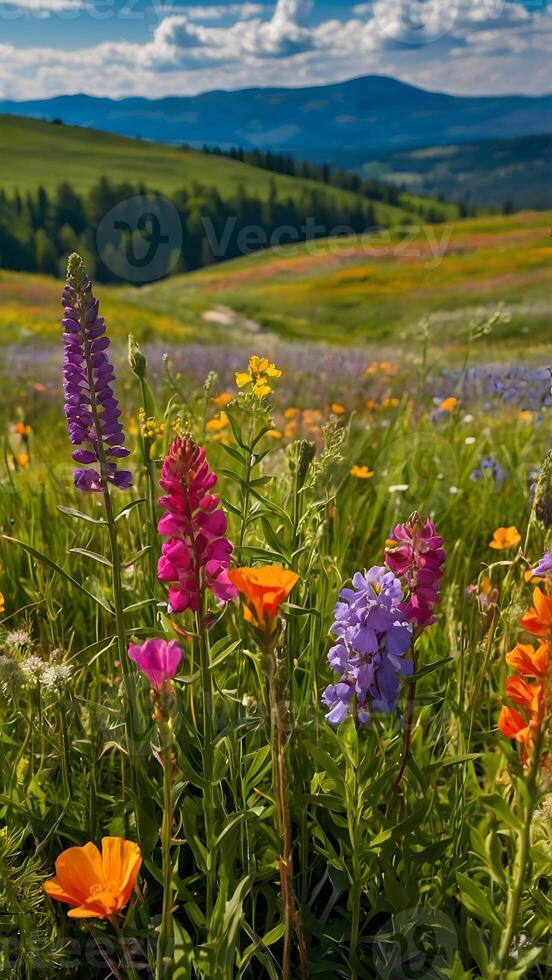 ai generiert Wildblume Wunderland Wiese Sprengung mit bunt blüht foto