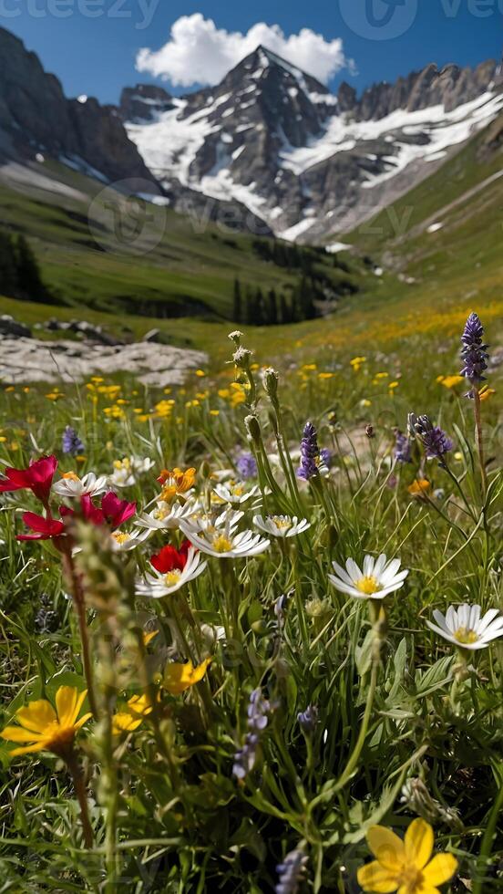 ai generiert alpin Wunderland Wildblumen Blühen im hoch Berg Wiesen foto