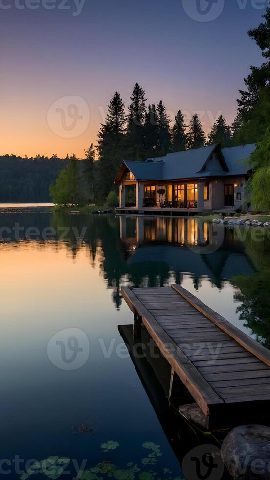 ai generiert Dämmerung Ruhe friedlich Seeufer Rückzug wie Nacht Stürze foto