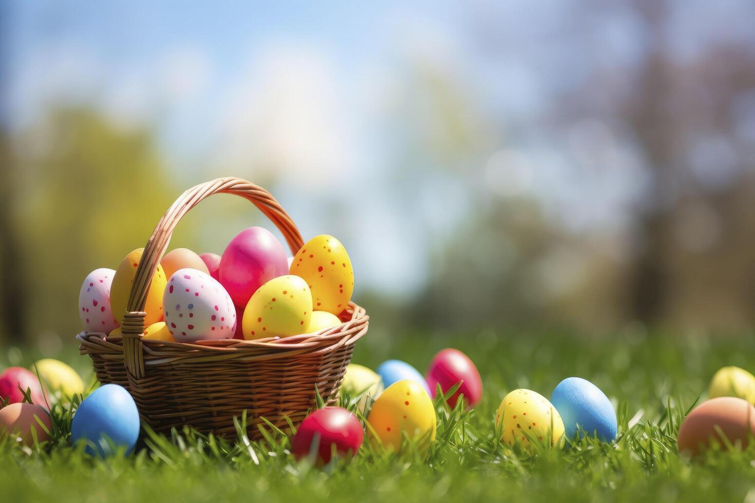 ai generiert Korb mit Ostern Eier auf das Gras. glücklich Ostern Hintergrund. foto