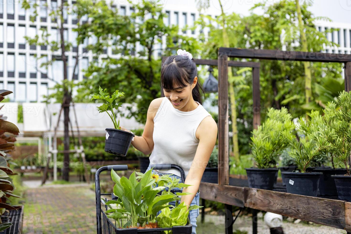 Der junge asiatische Kunde wählt eine exotische Pflanze aus der Gärtnerei des örtlichen Gartencenters mit einem Einkaufswagen voller Sommerpflanzen für die Gartenarbeit am Wochenende und die Verfolgung im Freien foto