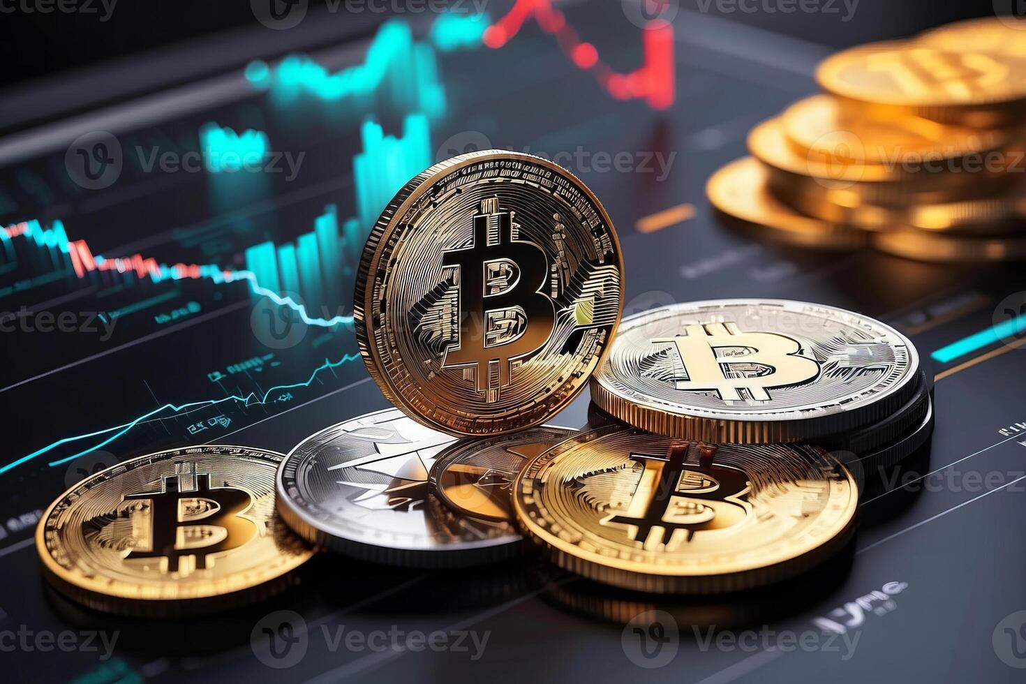 ai generiert ein Stapel von Bitcoins mit ein b auf oben. das Münzen sind Gold und Silber. G Graph im das Hintergrund foto