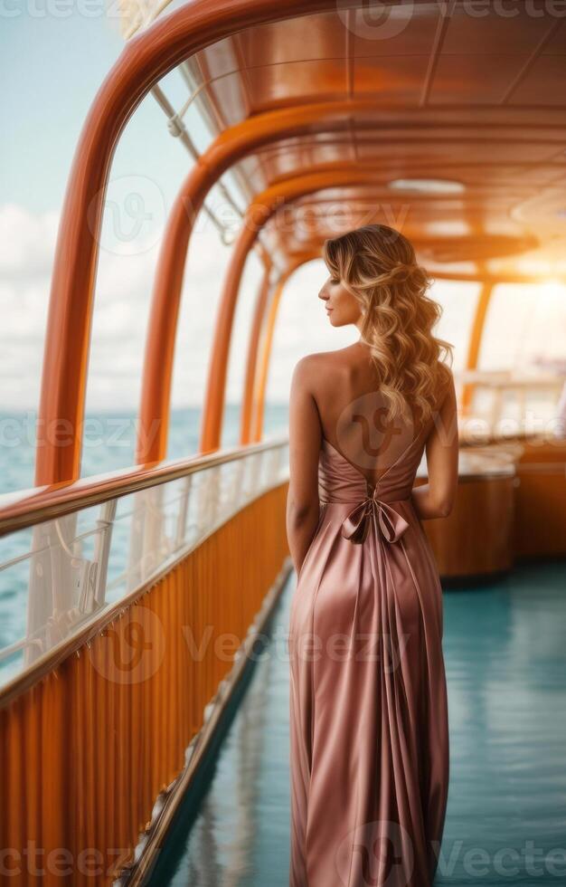 ai generiert ein Frau im ein Rosa lange Abend Kleid ist Stehen auf das Deck auf ein Kreuzfahrt Schiff foto