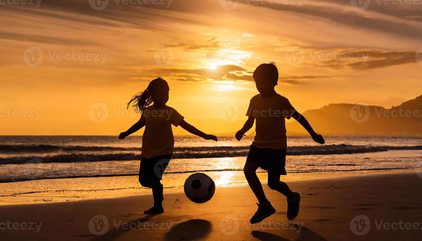 ai generiert aktiv Kinder spielen Fußball Fußball auf ein Strand. Bruder und Schwester, Familie Sport Spaß foto