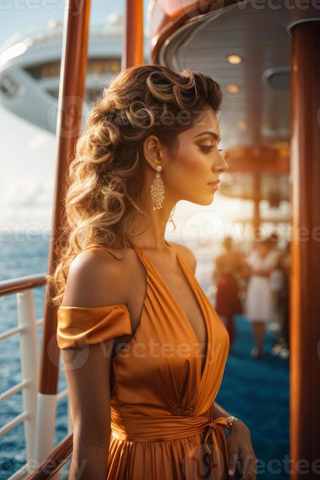 ai generiert ein Frau im ein Rosa lange Abend Kleid ist Stehen auf das Deck auf ein Kreuzfahrt Schiff foto