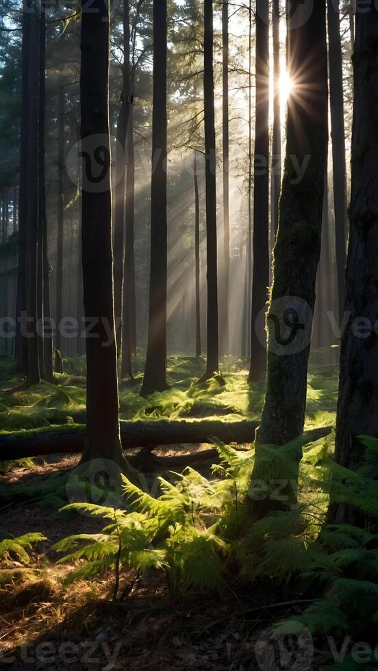 ai generiert Sonnenlicht leuchtenden durch Bäume im ein Wald foto