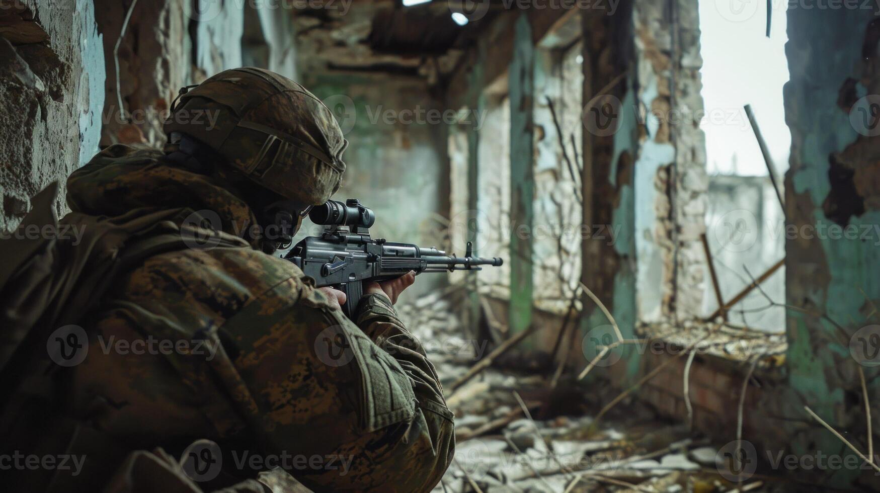 ai generiert Scharfschütze im Hinterhalt. Porträt von modern Soldat mit Gewehr suchen durch Umfang. ai generiert foto