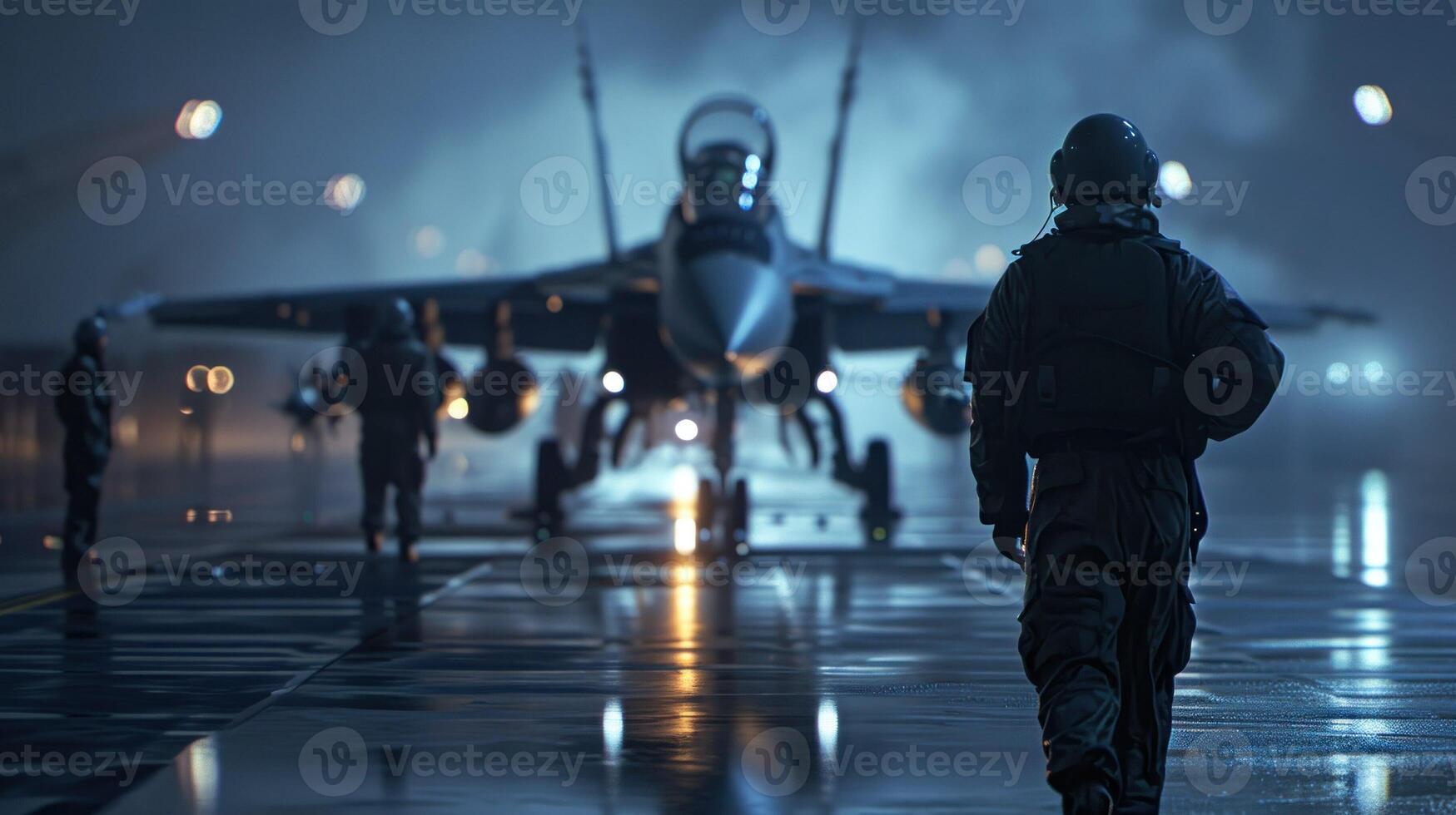 ai generiert Luft Gewalt. Besondere Soldat und ein Flugzeug. Kämpfer Jet ist auf das Runway. Konzept von ein Militär- Betrieb und Ausrüstung. ai generiert foto