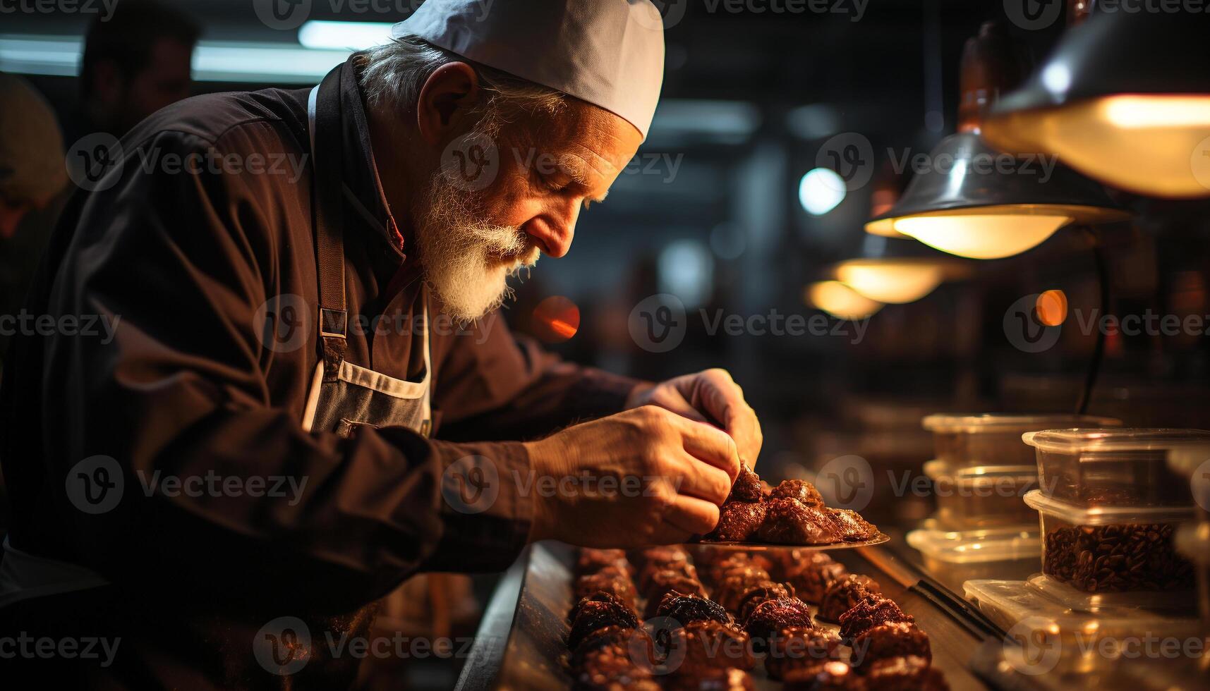 ai generiert ein reifen Koch bereitet vor Essen im ein klein Werkstatt Küche generiert durch ai foto