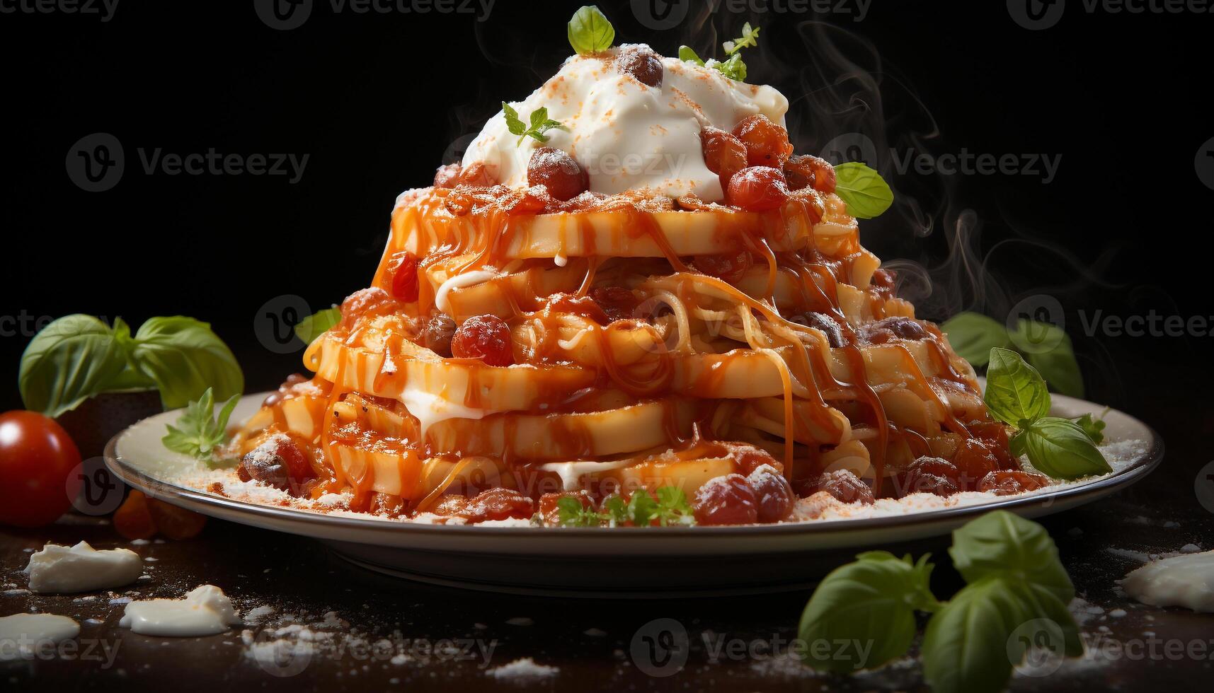 ai generiert Frische und Gourmet Mahlzeit auf ein Platte, Tomate Fleisch Mittagessen generiert durch ai foto