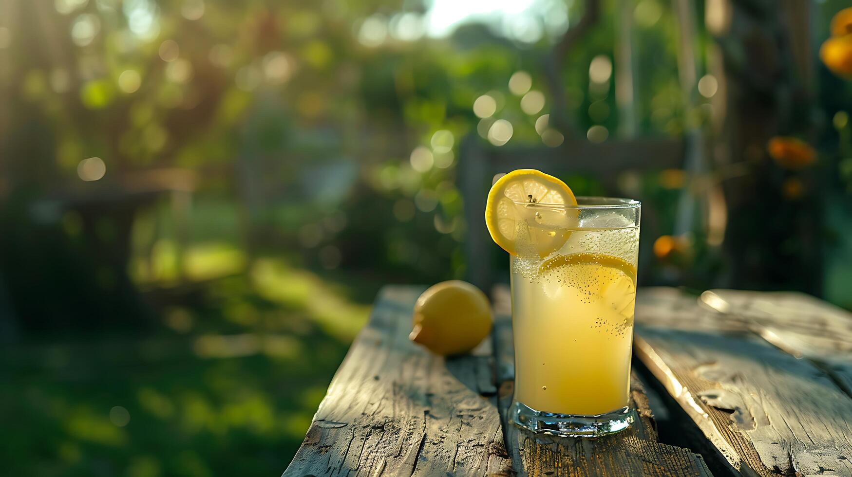 ai generiert erfrischend vereist Limonade mit Zitrone Scheibe und Minze gegen hell draussen Terrasse Hintergrund foto