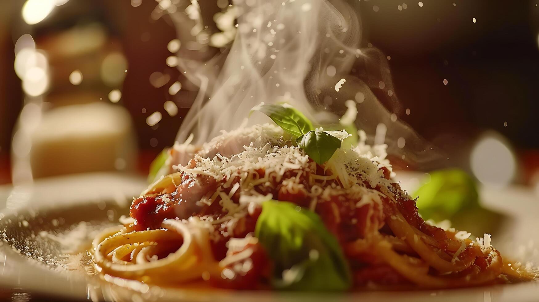 ai generiert köstlich Spaghetti Freude dampfend Marinara Soße und Parmesan Käse gefangen durch 50mm Linse foto