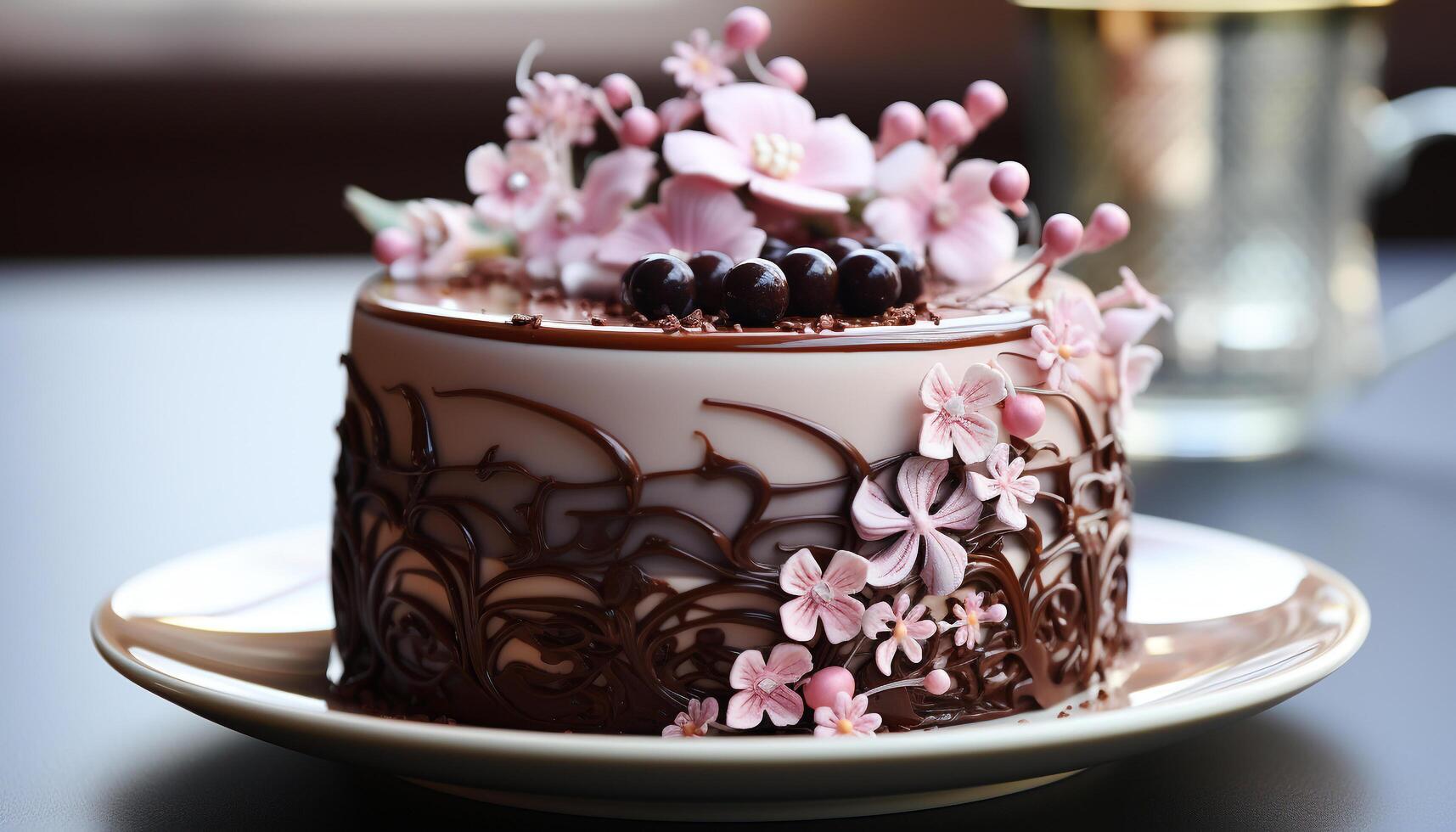 ai generiert hausgemacht Schokolade Kuchen mit ausgepeitscht Sahne und frisch Erdbeeren generiert durch ai foto