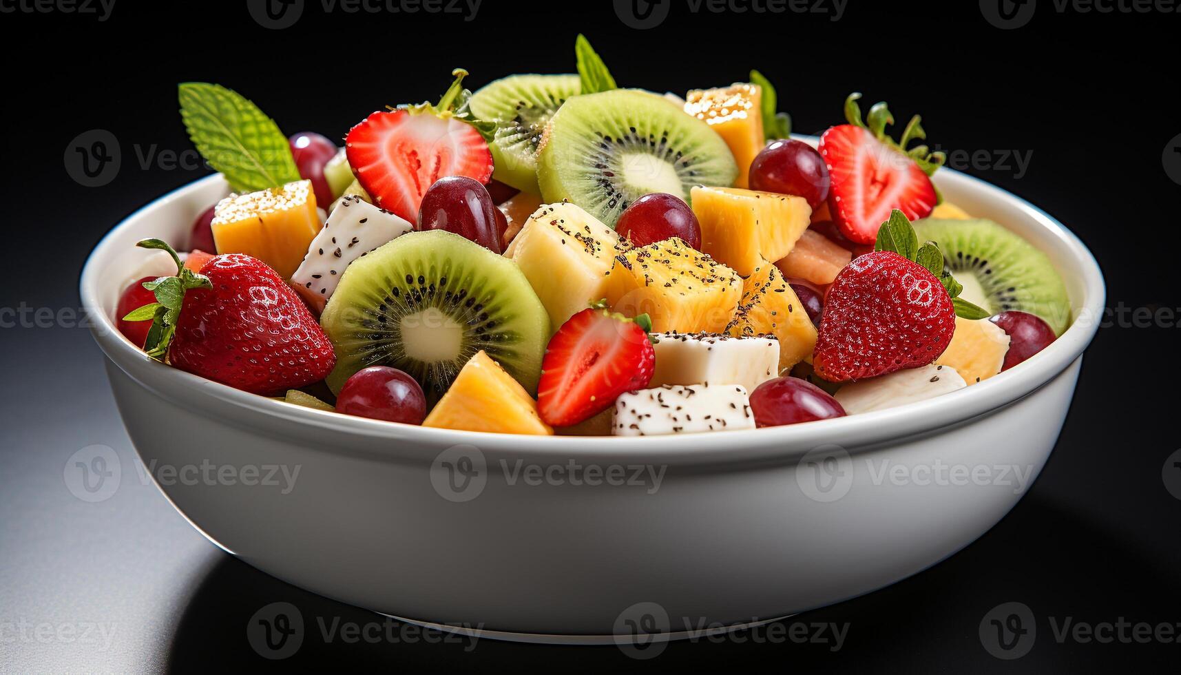 ai generiert frisch Obst Salat Erdbeere, Himbeere, Blaubeere, Kiwi, Melone, Banane generiert durch ai foto