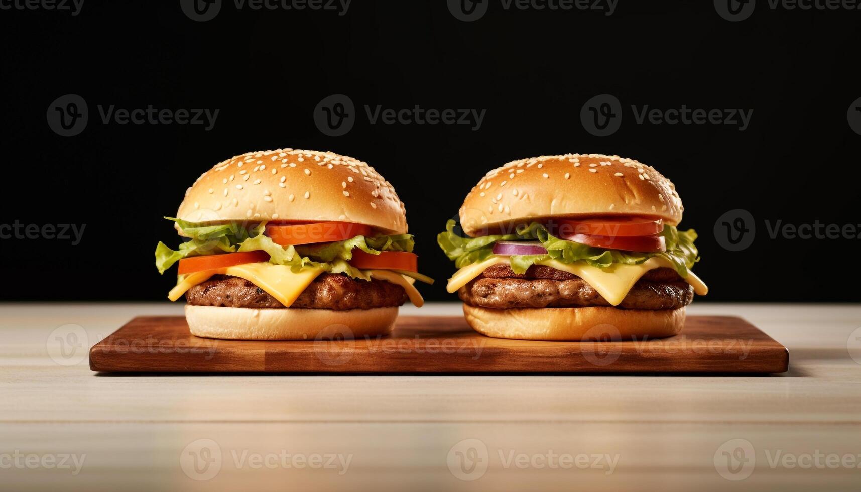 ai generiert gegrillt Gourmet Burger auf hölzern Tisch, ungesund amerikanisch schnell Essen generiert durch ai foto